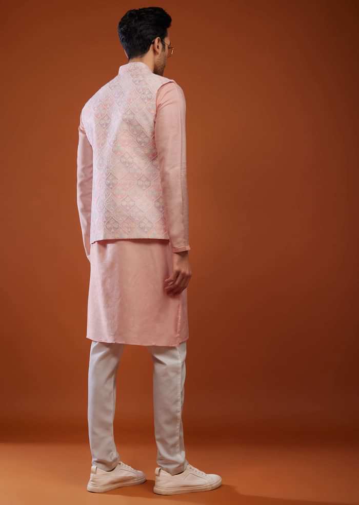 Powder Pink Embroidered Bandi Jacket Set In Silk