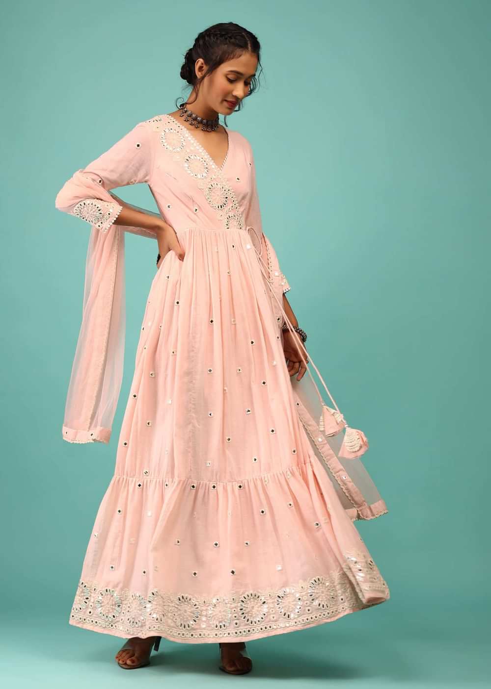 Candy Pink Anarkali Kurta In Floral Lucknowi Embroidery With Angrakha Pattern & Surplice Neckline