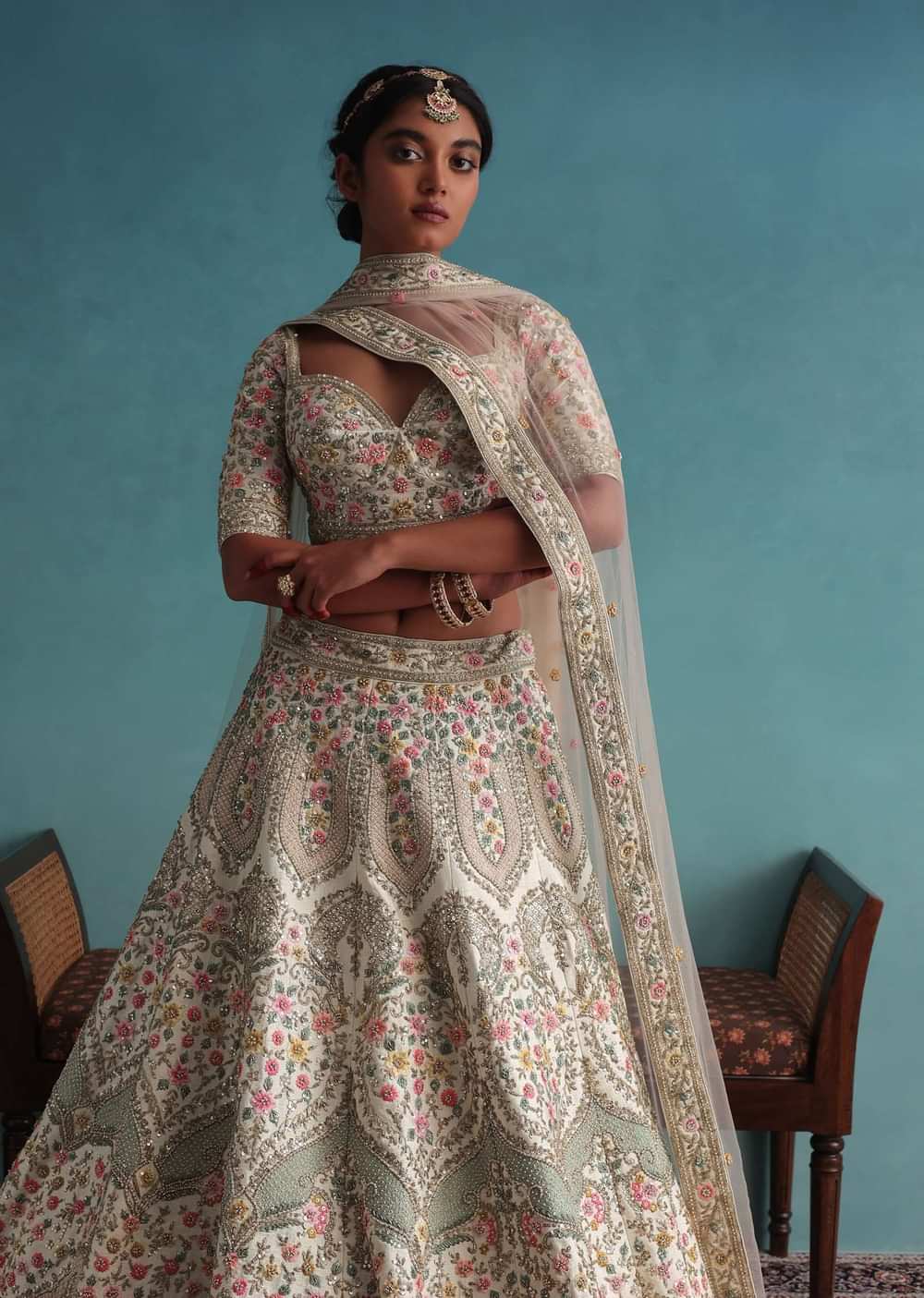 Pearl White Embroidered 12 Kali Bridal Lehenga In Raw Silk With Hand Embroidery