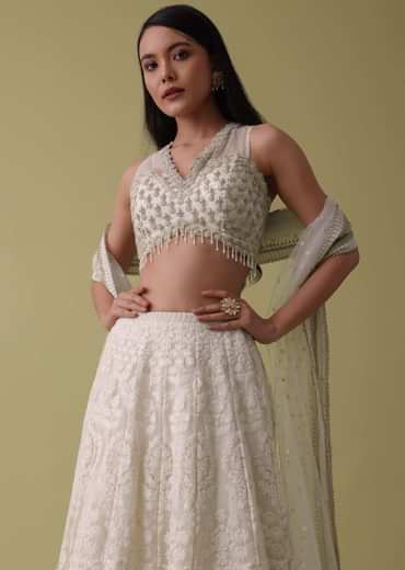 Pearl White Lehenga Suit Set In Georgette With Lucknowi Embroidery