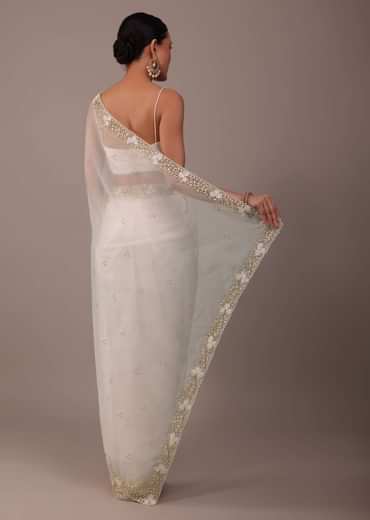 Pearl White Organza Saree With Cut Dana Embroidery