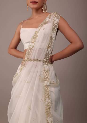Pearl White Organza Saree With Cut Dana Embroidery