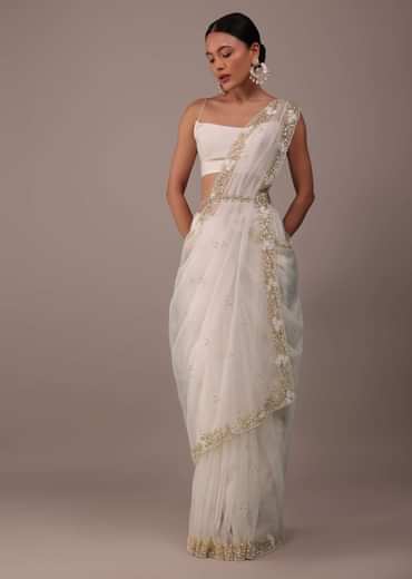 Pearl White Organza Saree With Cut Dana Embroidery