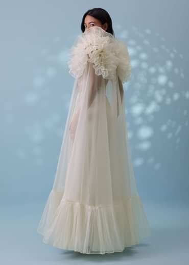 Pearl White Satin Indowestern Embroidered Jumpsuit With Net Shrug