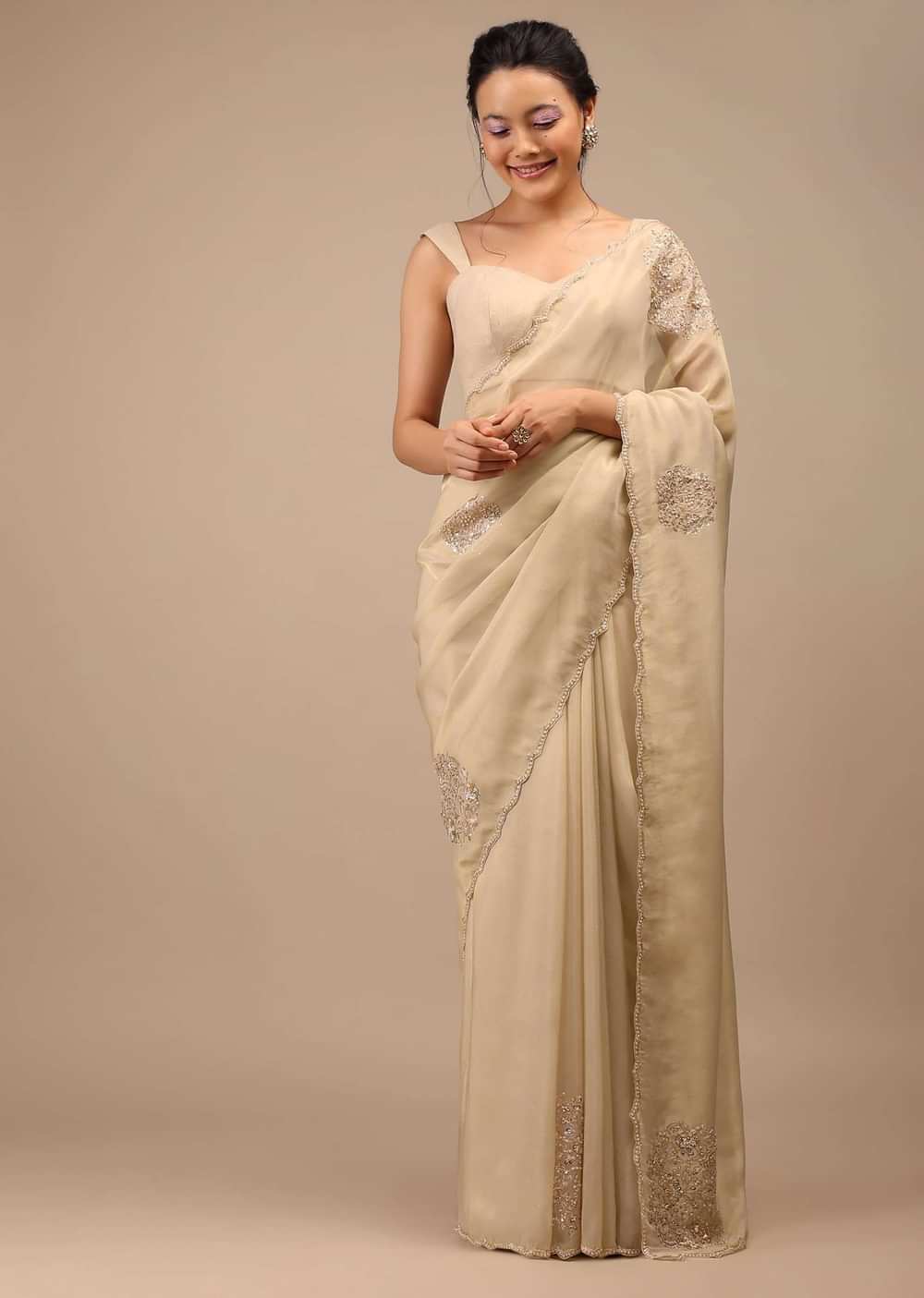 Pebble Brown Glass Tissue Saree Adorned With Floral Buttis, Zardosi Embroidery And 3D Sequins