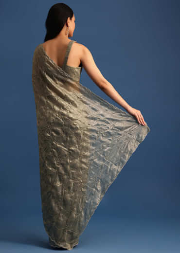 Pencil Grey Cutdana Embroidered Crepe Saree With Unstitched Blouse