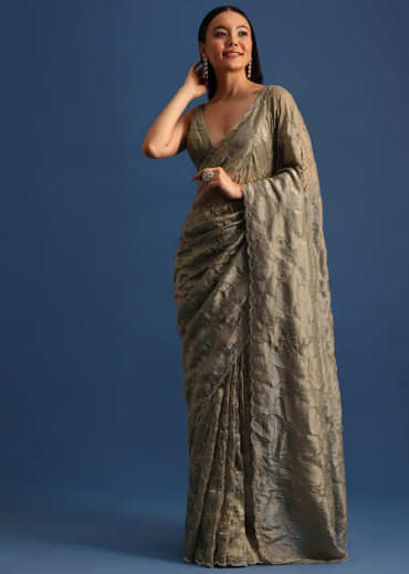 Pencil Grey Cutdana Embroidered Crepe Saree With Unstitched Blouse