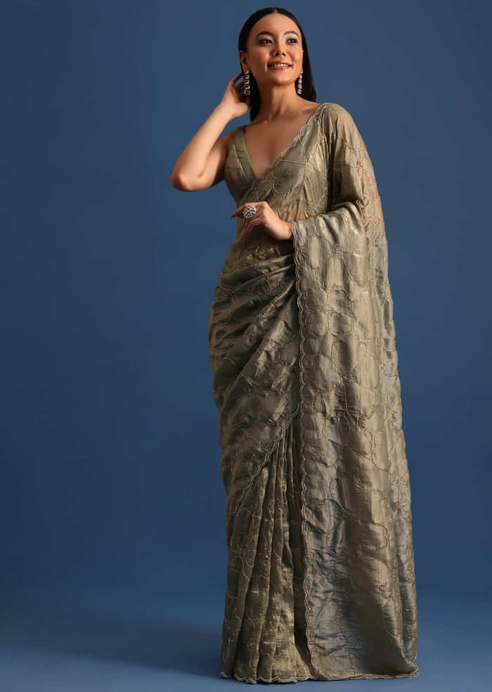 Pencil Grey Cutdana Embroidered Crepe Saree With Unstitched Blouse