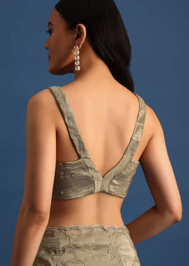 Pencil Grey Cutdana Embroidered Crepe Saree With Unstitched Blouse