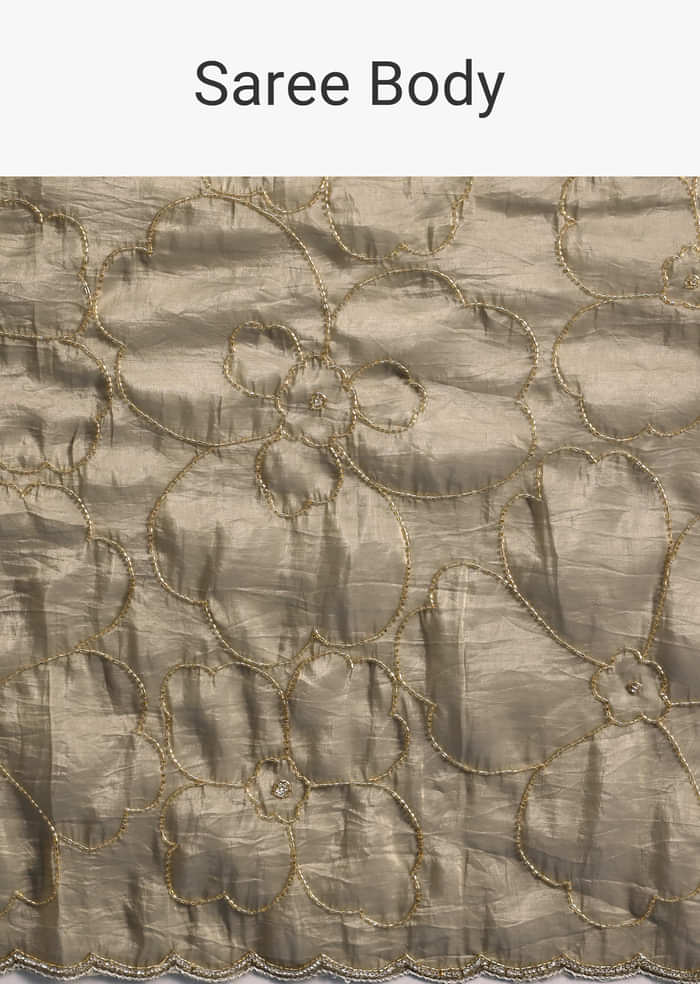 Pencil Grey Cutdana Embroidered Crepe Saree With Unstitched Blouse
