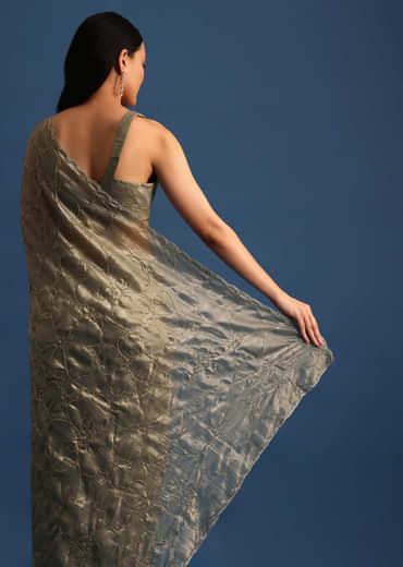 Pencil Grey Cutdana Embroidered Crepe Saree With Unstitched Blouse