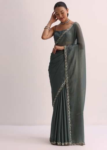 Pencil Grey Saree With Embroidered Border And Unstitched Blouse
