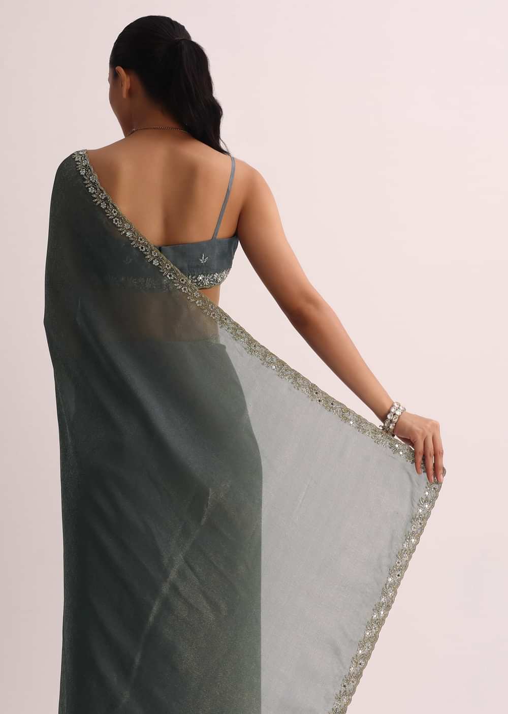 Pencil Grey Saree With Embroidered Border And Unstitched Blouse
