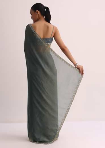 Pencil Grey Saree With Embroidered Border And Unstitched Blouse