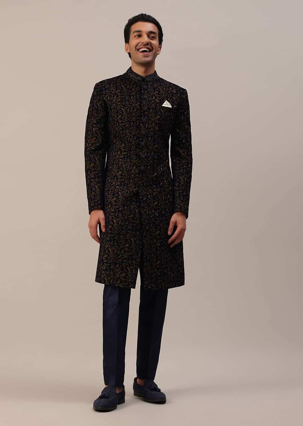 Persian Blue Floral Embroidered Sherwani Set In Velvet