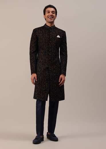 Persian Blue Floral Embroidered Sherwani Set In Velvet