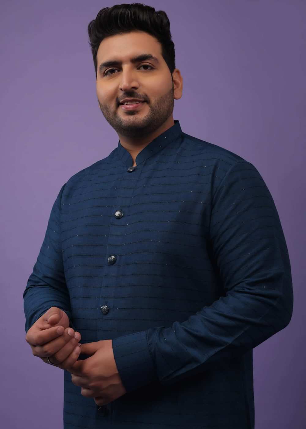 Persian Blue Striped Kurta In Art Silk