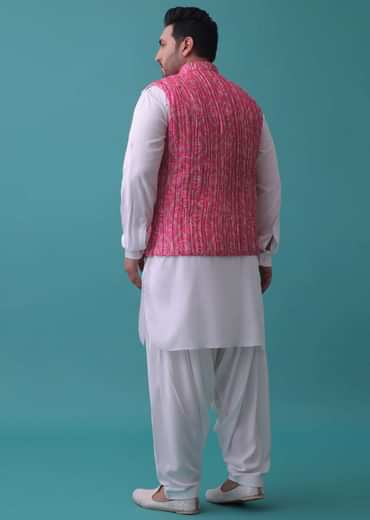 Persian Pink Tussar Silk Fabricated Jacket Kurta Set With Bandhani Print