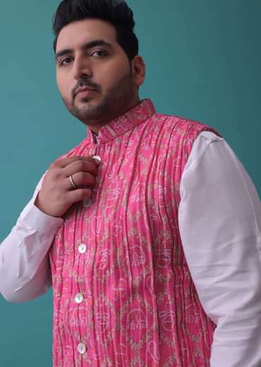 Persian Pink Tussar Silk Fabricated Jacket Kurta Set With Bandhani Print