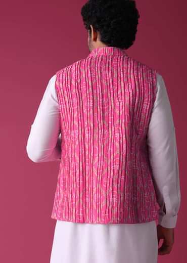 Persian Pink Jacket Kurta Set In Tussar Silk With Bandhani Print