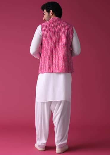 Persian Pink Jacket Kurta Set In Tussar Silk With Bandhani Print