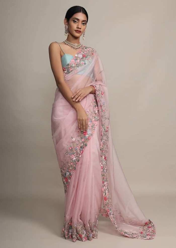 Petal Pink Saree In Organza With Resham Embroidered Floral Design On The Border