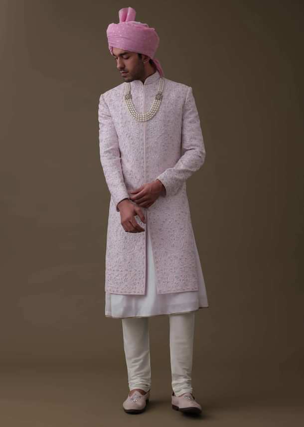 Petal Pink Sherwani Set In Tussar With Moti Work
