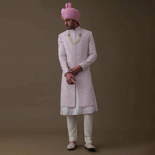 Petal Pink Sherwani Set In Tussar With Moti Work