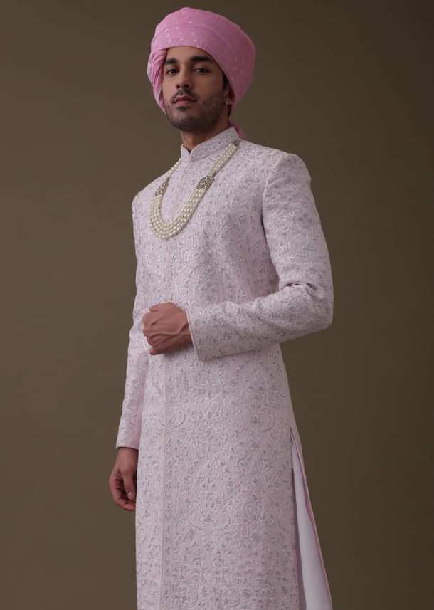 Petal Pink Sherwani Set In Tussar With Moti Work
