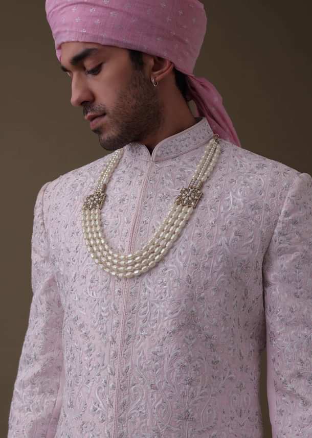 Petal Pink Sherwani Set In Tussar With Moti Work