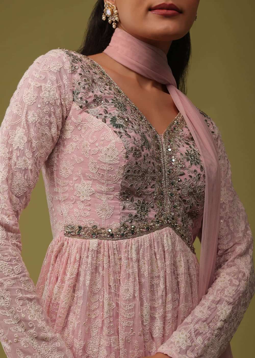 Petal Pink Chinon Peplum Top And Sharara Set With Lucknowi Embroidery