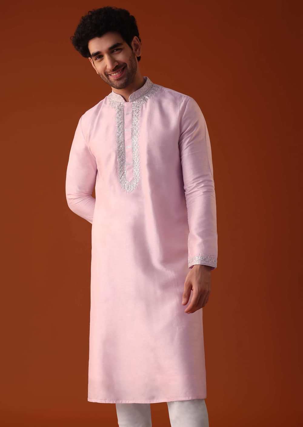 Petal Pink Embroidered Kurta Set In Viscose Silk