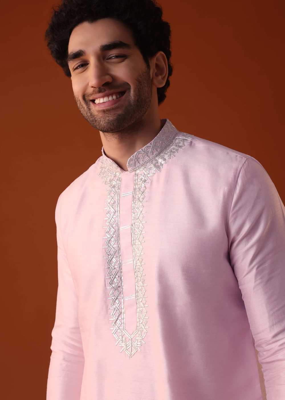 Petal Pink Embroidered Kurta Set In Viscose Silk