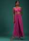 Petal Pink Floral Printed Crop Top And Palazzo Set With Cape In Georgette