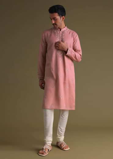 Petal Pink Kurta Set In Silk With Mirror Embroidery