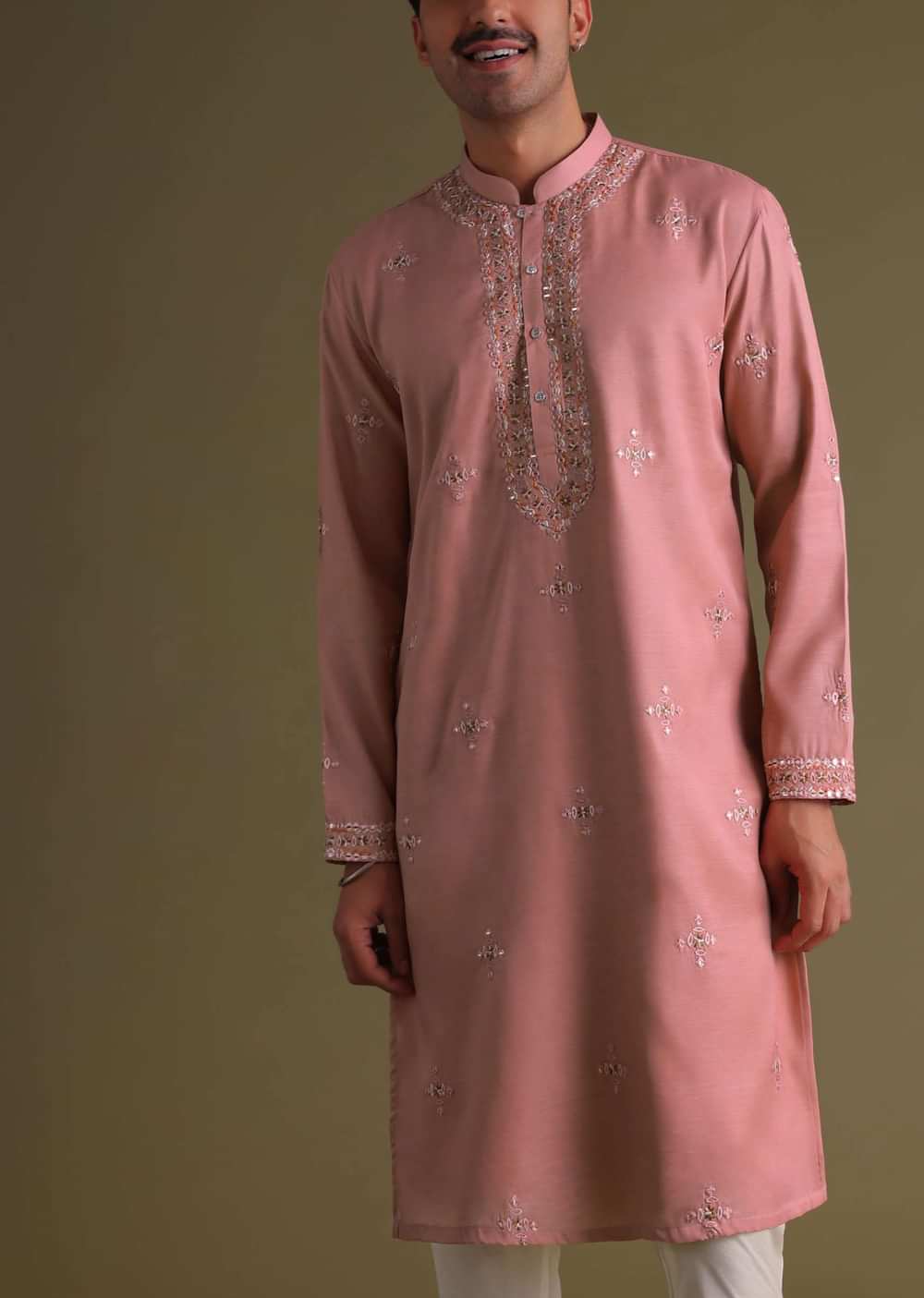 Petal Pink Kurta Set In Silk With Mirror Embroidery