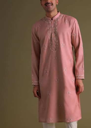 Petal Pink Kurta Set In Silk With Mirror Embroidery