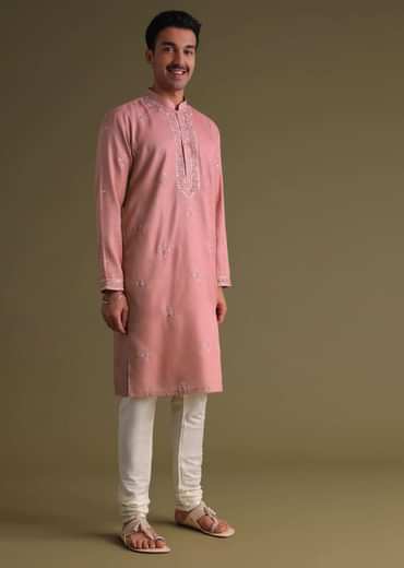 Petal Pink Kurta Set In Silk With Mirror Embroidery