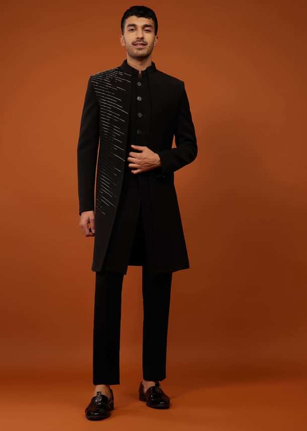 Phantom Black Indo-Western Sherwani Set Embroidered In Imported Suiting Fabric