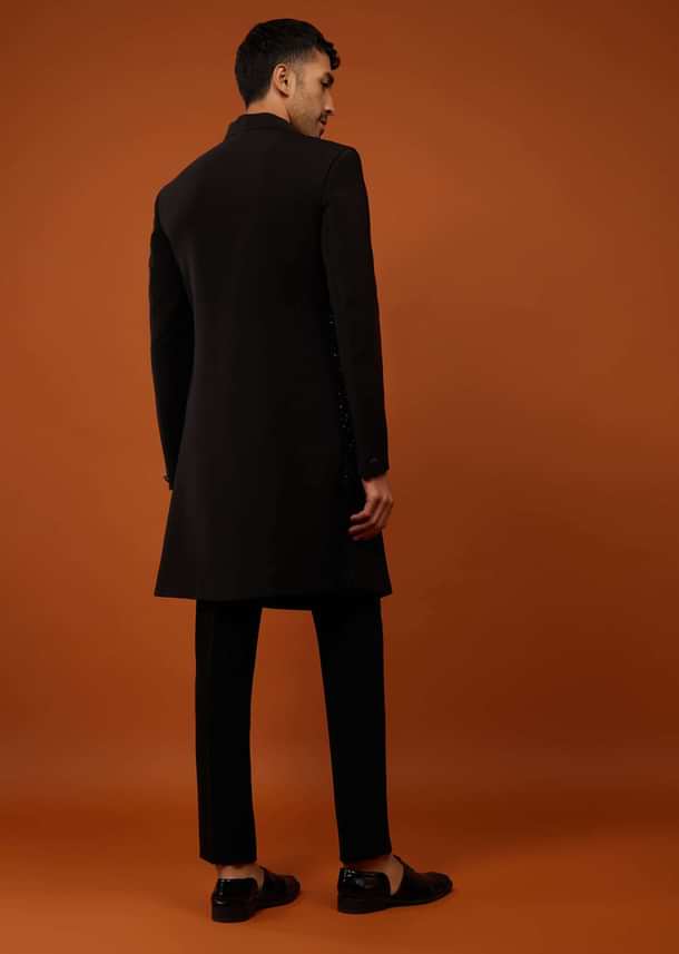 Phantom Black Indo-Western Sherwani Set Embroidered In Imported Suiting Fabric