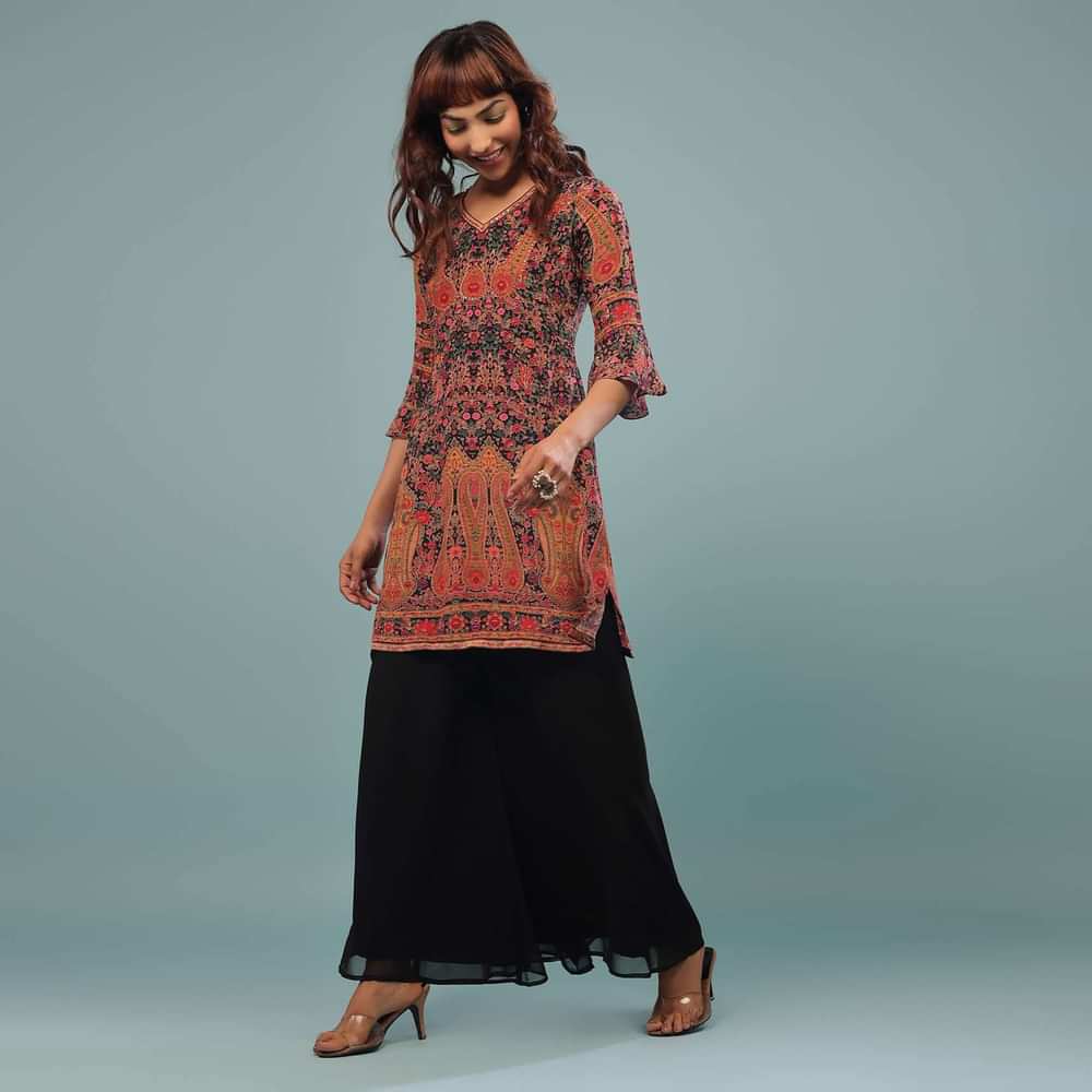 Black Printed Palazzo Suit In Georgette With Multicolored Kashmiri Print