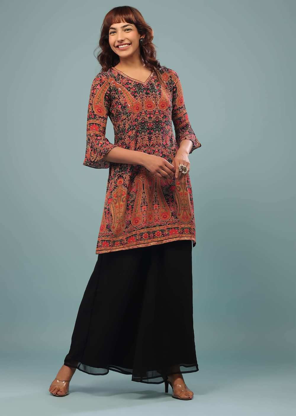Black Printed Palazzo Suit In Georgette With Multicolored Kashmiri Print