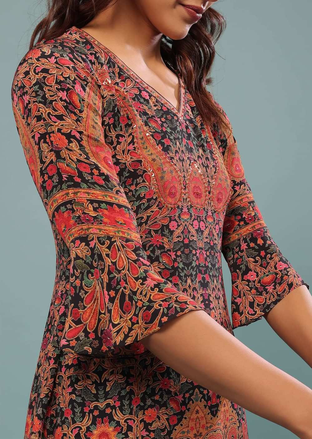 Black Printed Palazzo Suit In Georgette With Multicolored Kashmiri Print