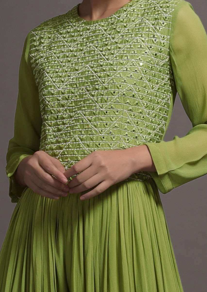Pickle Green Georgette Jumpsuit With Mirror And Resham Embroidered Bodice