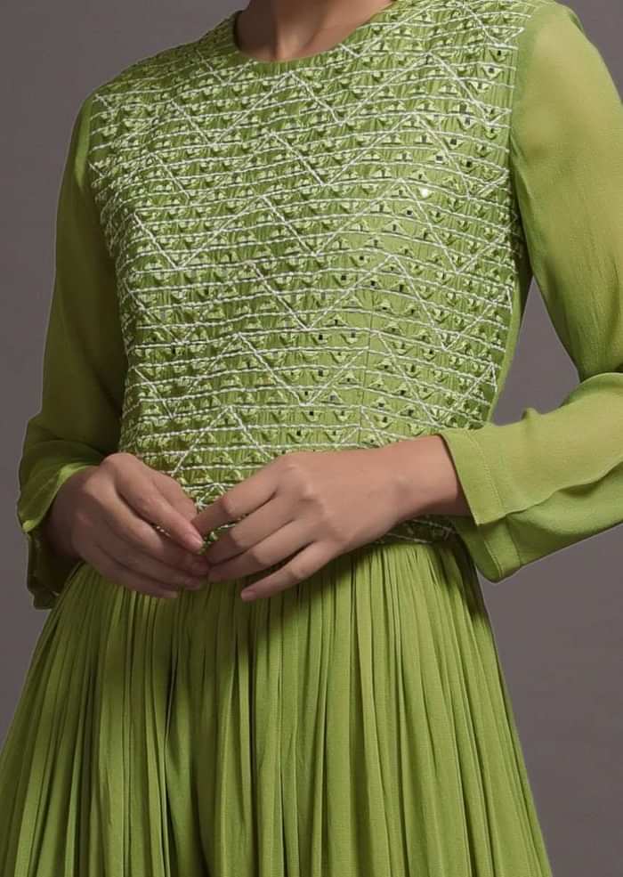 Pickle Green Georgette Jumpsuit With Mirror And Resham Embroidered Bodice
