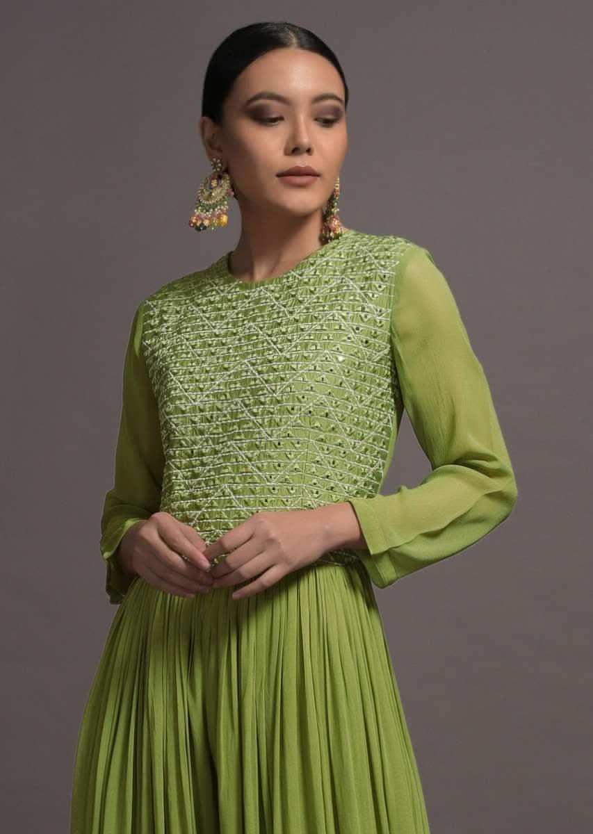 Pickle Green Georgette Jumpsuit With Mirror And Resham Embroidered Bodice