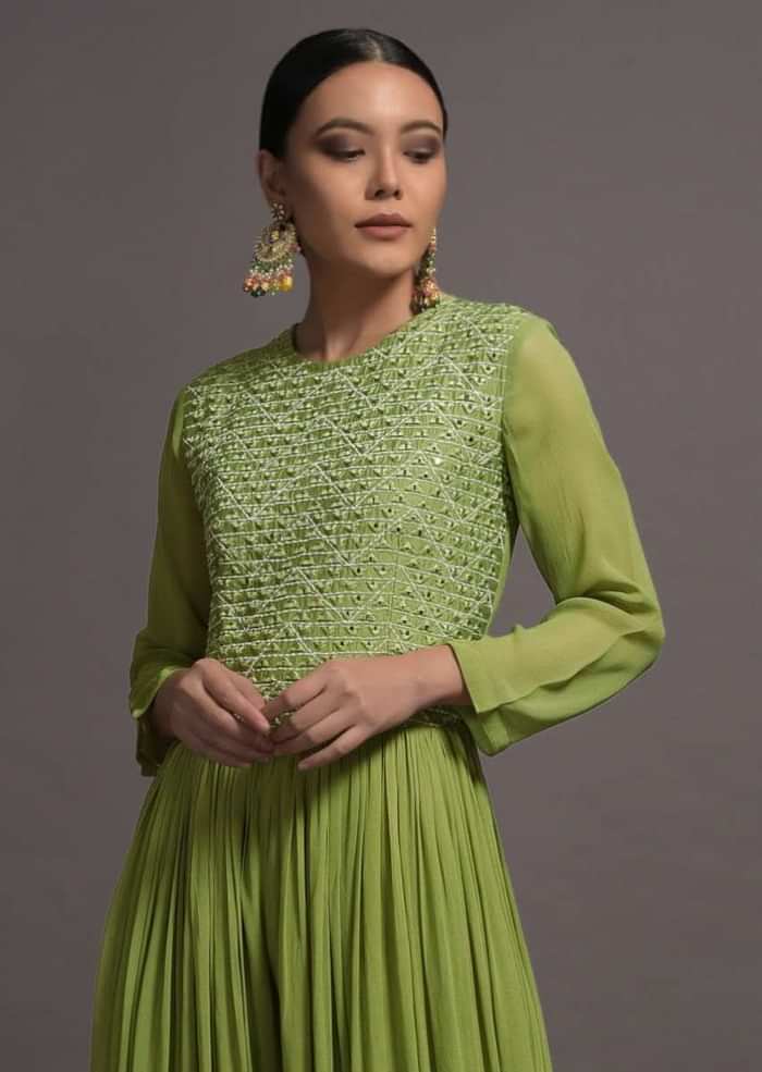 Pickle Green Georgette Jumpsuit With Mirror And Resham Embroidered Bodice