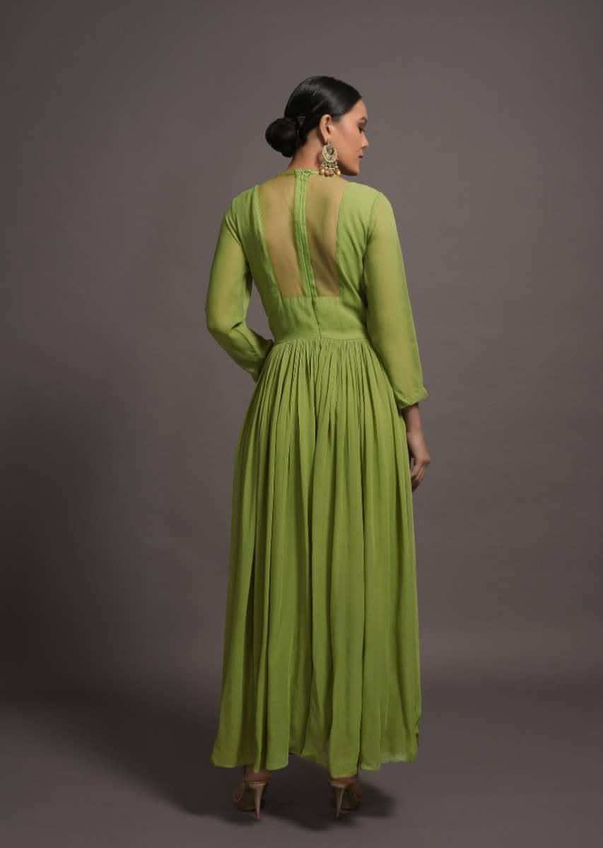 Pickle Green Georgette Jumpsuit With Mirror And Resham Embroidered Bodice