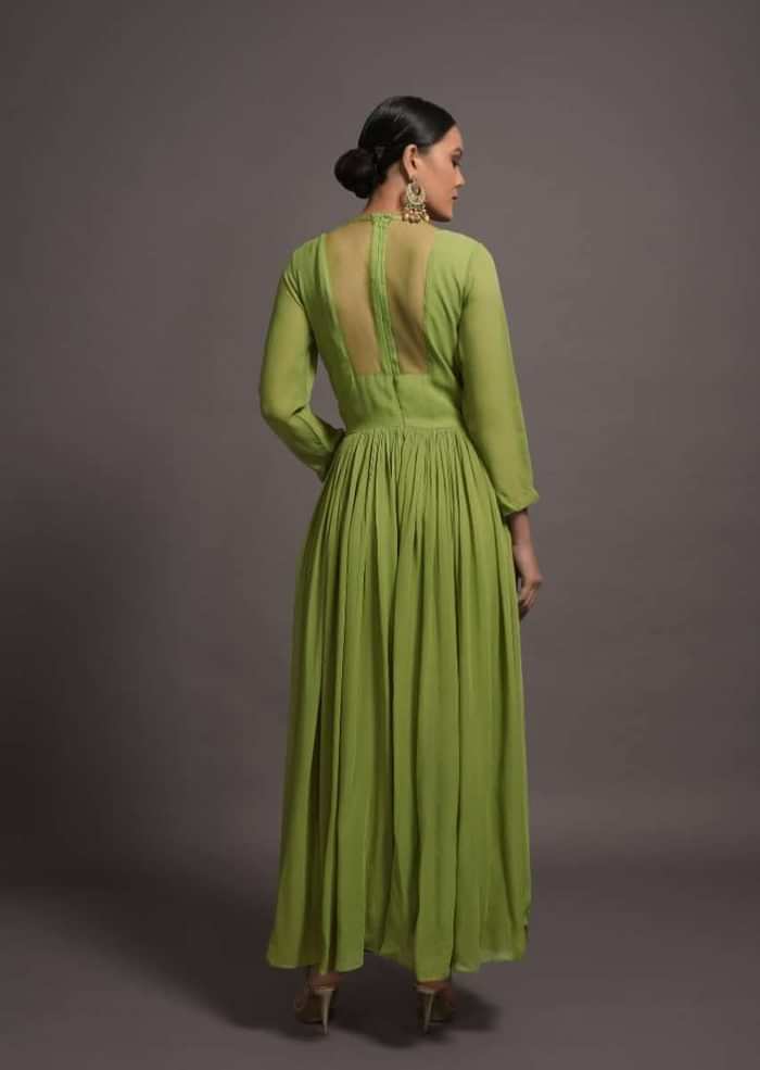 Pickle Green Georgette Jumpsuit With Mirror And Resham Embroidered Bodice