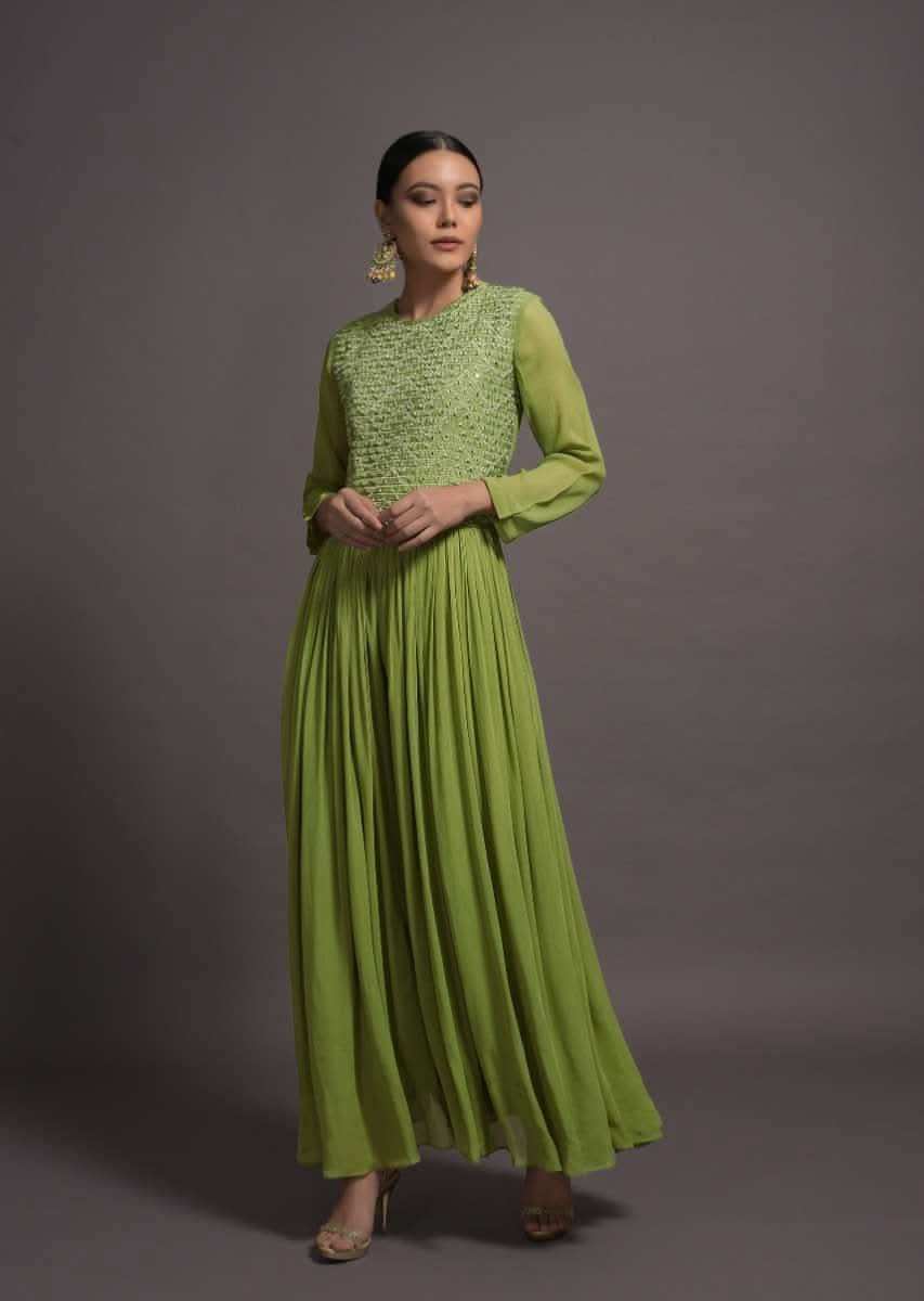 Pickle Green Georgette Jumpsuit With Mirror And Resham Embroidered Bodice